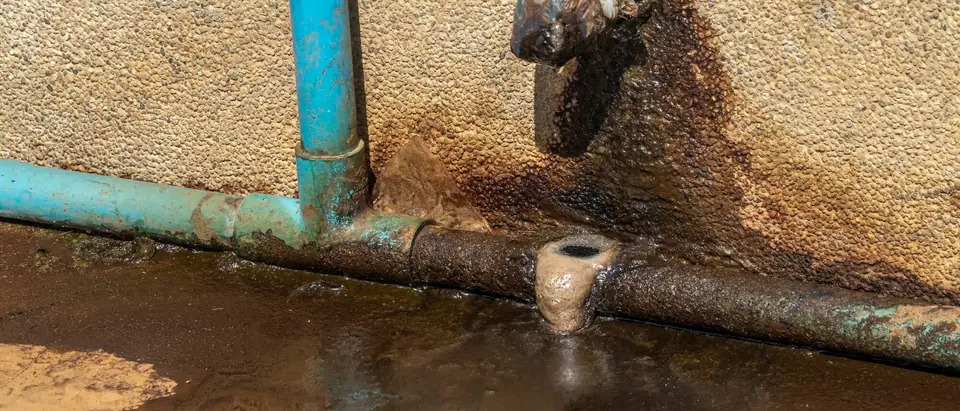An old rusted water pipe leaking at a joint along the foot of a wall, with a rust stain spreading up the wall and water pooling on the ground