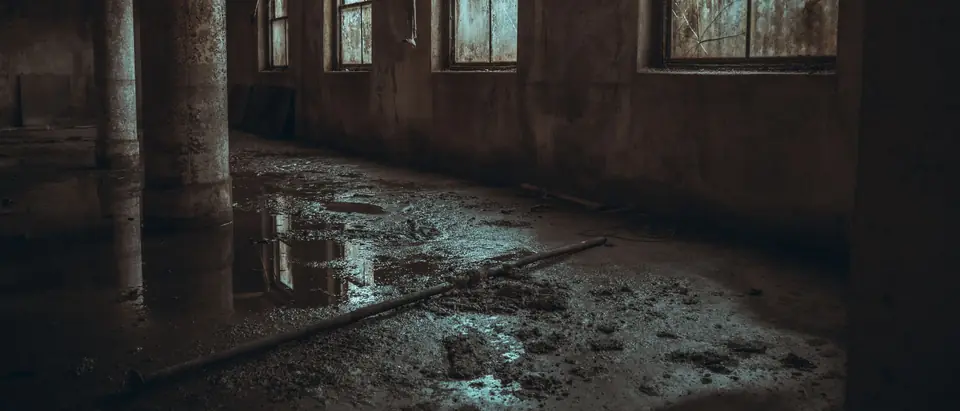 Puddles of water on the concrete floor of a dim ground-floor room with round columns and a row of dirty windows