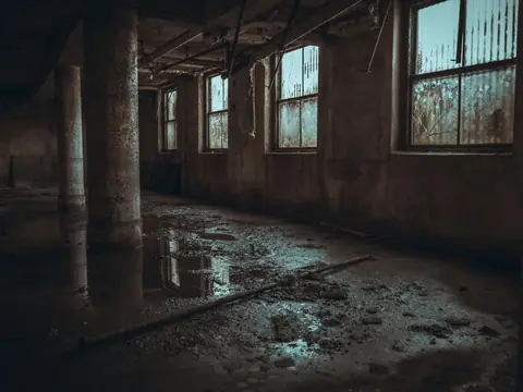 Puddles of water on the concrete floor of a dim ground-floor room with round columns and a row of dirty windows