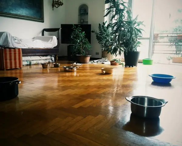 Cooking pots and plastic basins set out across a herringbone wooden floor in a living room, with potted plants beside a tall window
