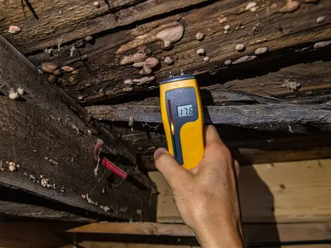 A hand holding a yellow pin moisture meter against a dark, damp timber beam with fungus growing on it, the display reading 17.6